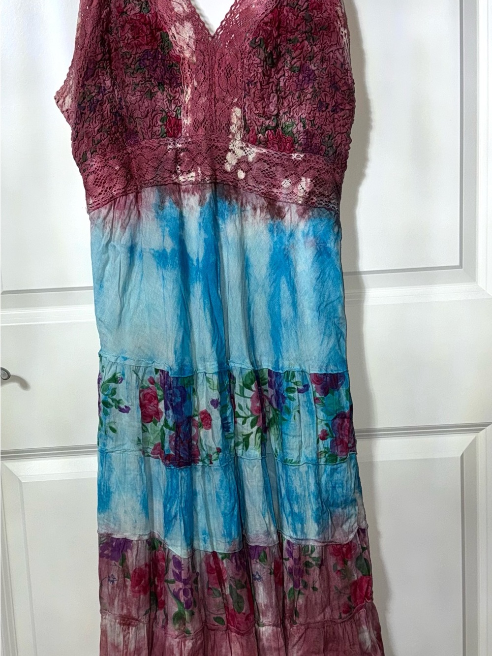 Se Inc Boho Floral Tie-Dye Maxi Dress, Lace Pink Blue cottage core Romantic